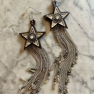 Star Dangle Fringe Earrings w Leather & Chains